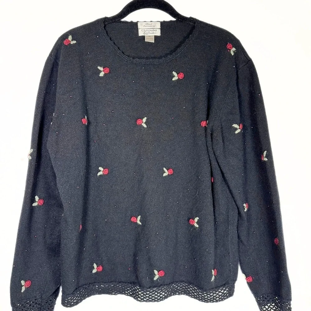 Vintage‎ Women's Sweater Size XL Black Floral Embroidered Beaded Silk Angora
